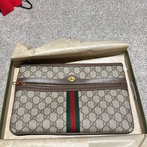 GG Supreme Monogram Large Ophidia Pouch Clutch Brown